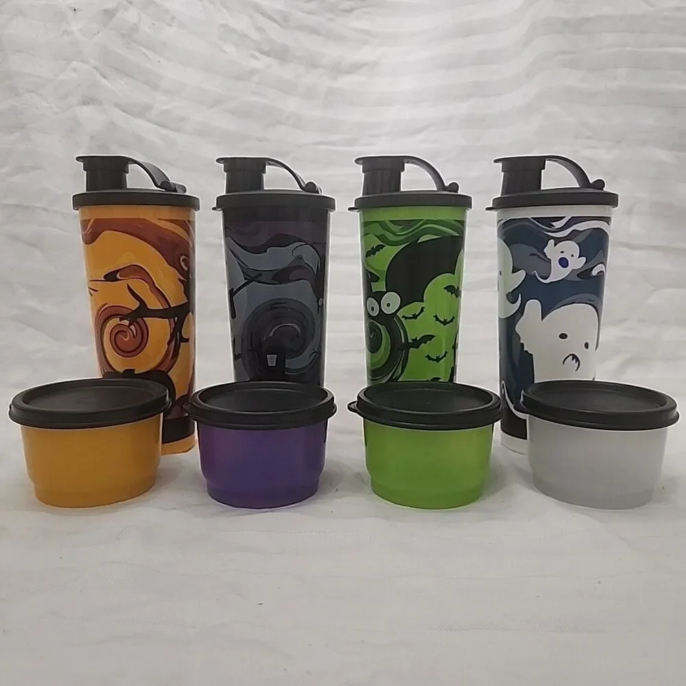 TUPPERWARE Spooktacular Snack Set 16 Oz TUMBLERS+SNACK CUPS & Lids Set Of 4 NEW